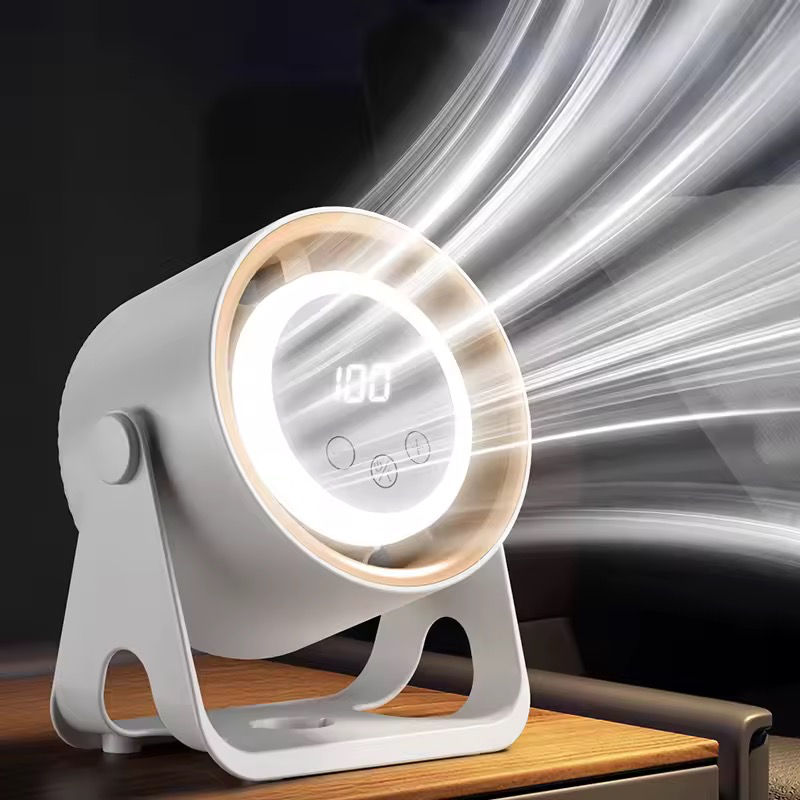 پنکه رومیزی شارژی با نمایشگر دیجیتال، چراغ خواب LED، تنظیم سرعت 100 مرحلهای و چرخش 360 درجه