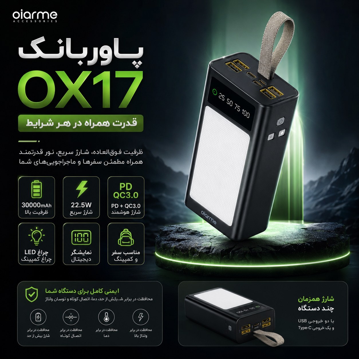 پاوربانک Oiarme ظرفیت 30000mAh فست شارژ با گارانتی
