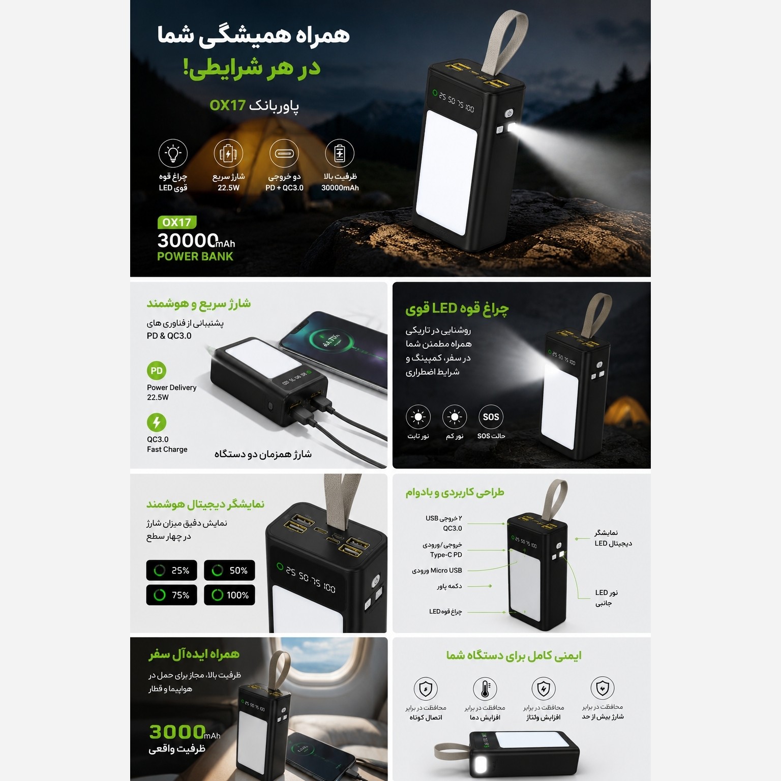 پاوربانک Oiarme ظرفیت 30000mAh فست شارژ با گارانتی