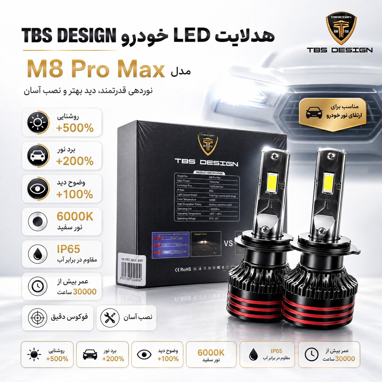 هدلایت خودرو TBS Design مدل M8 Pro Max پایه 880 با نور سفید 6000K