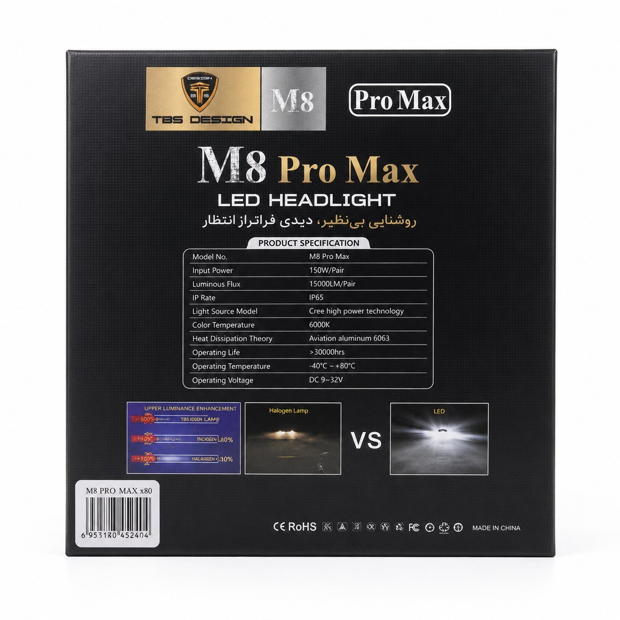 هدلایت خودرو TBS Design مدل M8 Pro Max پایه 880 با نور سفید 6000K