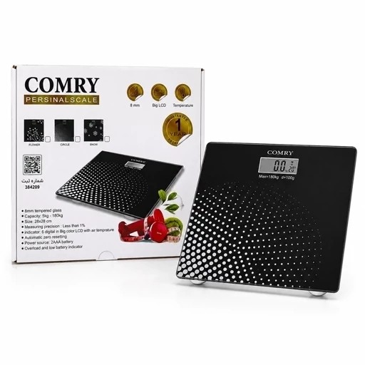 ترازو دیجیتال شیشهای کامری (COMRY) - تحمل وزن 180 کیلو - نمایش دما - LCD بزرگ