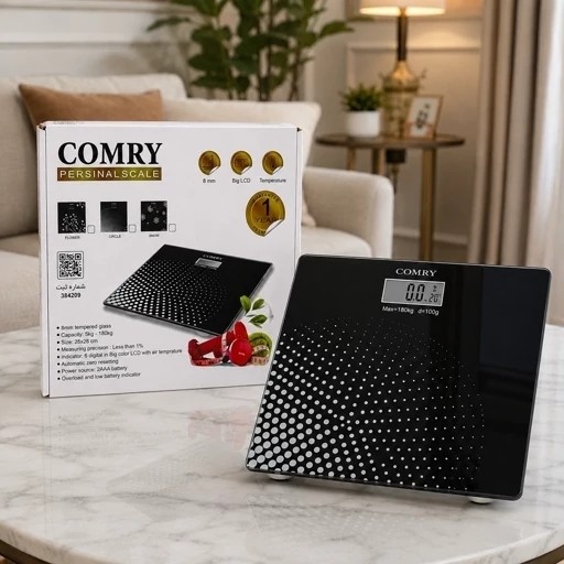 ترازو دیجیتال شیشهای کامری (COMRY) - تحمل وزن 180 کیلو - نمایش دما - LCD بزرگ