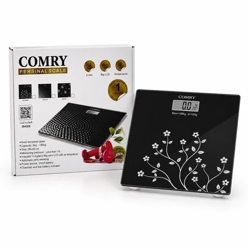 ترازو دیجیتال شیشهای کامری (COMRY) - تحمل وزن 180 کیلو - نمایش دما - LCD بزرگ