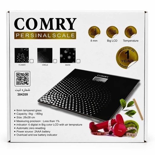 ترازو دیجیتال شیشهای کامری (COMRY) - تحمل وزن 180 کیلو - نمایش دما - LCD بزرگ