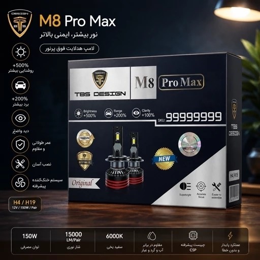 هدلایت موتور سیکلت M8 Pro Max نور سفید پایه H4 سه خار 75 وات واقعی