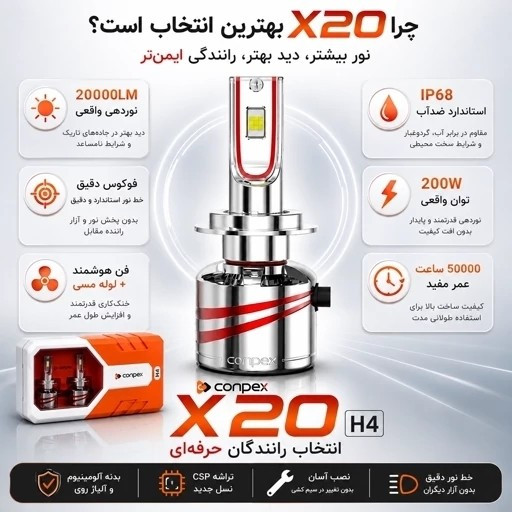 هدلایت کانپکس مدل X20 پایه H4 با 1 سال گارانتی