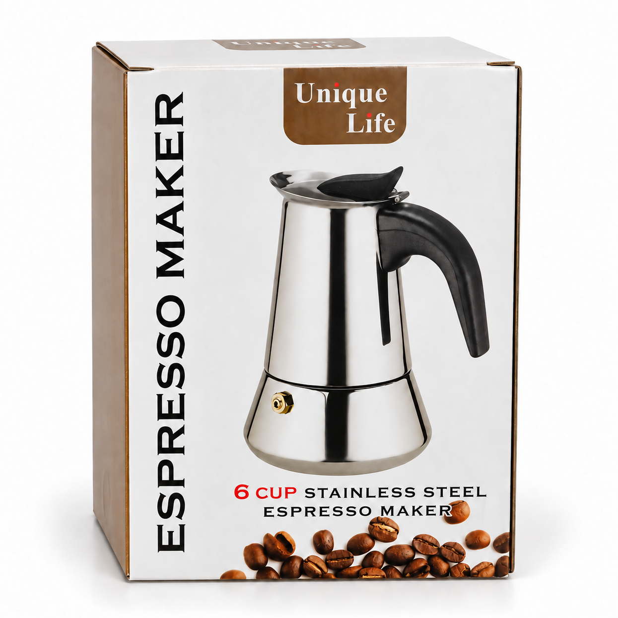 اسپرسو ساز روگازی یونیک لایف Unique Life ظرفیت 4 کاپ و 6 کاپ، قهوهساز دستی استیل با دسته مشکی و سوپاپ اطمینان
