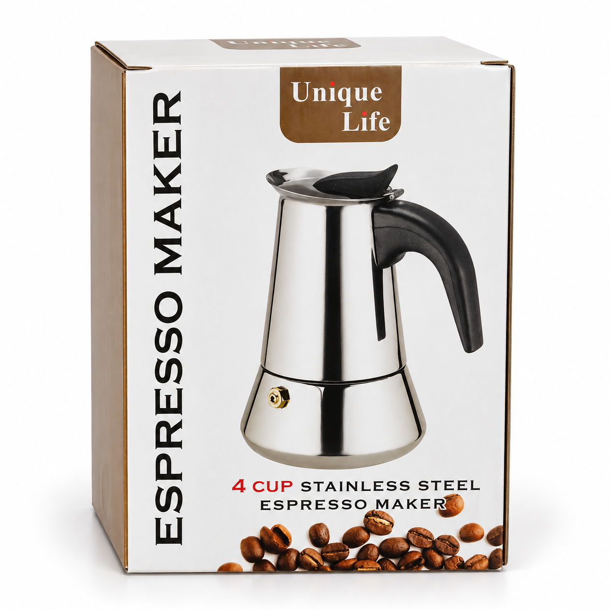 اسپرسو ساز روگازی یونیک لایف Unique Life ظرفیت 4 کاپ و 6 کاپ، قهوهساز دستی استیل با دسته مشکی و سوپاپ اطمینان