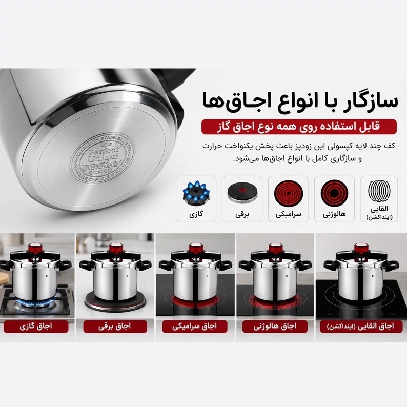زودپز استیل پرفکت یونیک هفت لیتری با بدنه استیل ضد زنگ هجده ده کف سه لایه درب شیشه ای و سیستم ایمنی