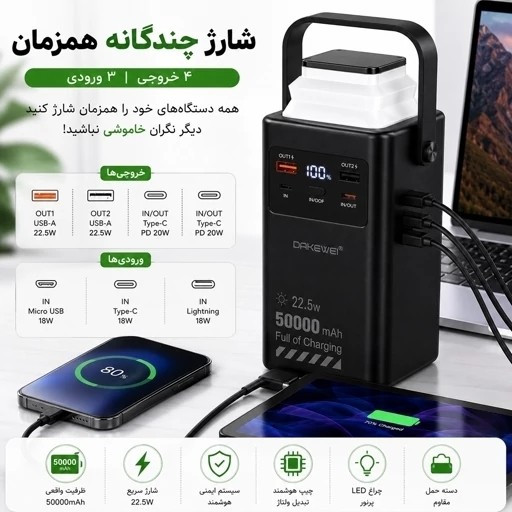 پاوربانک DAKEWEI ظرفیت 50000mAh فست شارژ 22.5W