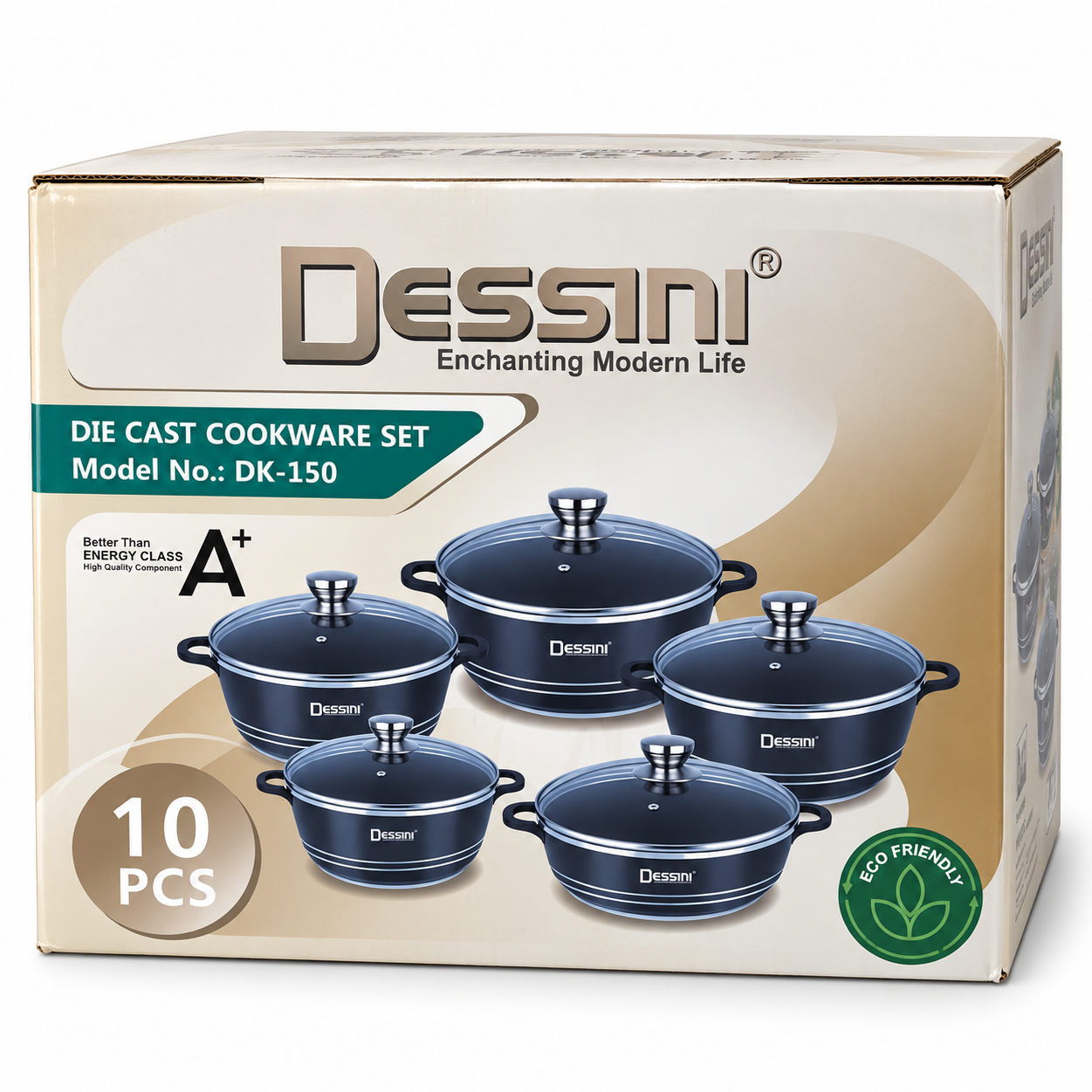 سرویس قابلمه 10 پارچه دسینی مدل DK-150 شامل 5 ظرف دربدار با درب شیشهای، طراحی سرمهای تیره با جزئیات نقرهای، مناسب پخ