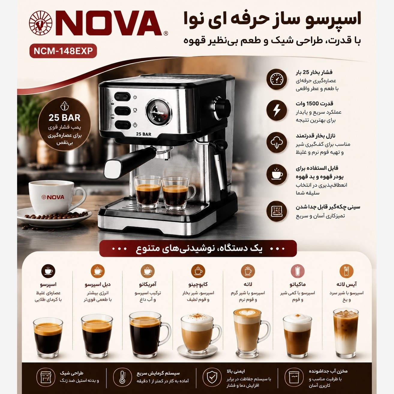 اسپرسو ساز نوا 148 اصل 25 بار قهوه ساز Nova با 1 سال گارانتی