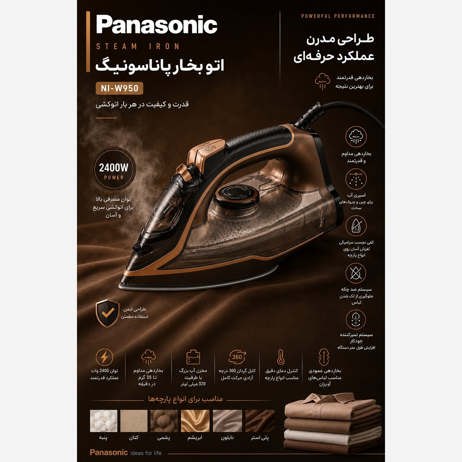 اتو بخار پاناسونیک PS-2025 توان 2500 وات کفی سرامیکی بخاردهی قدرتمند و کفی سرامیکی با گارانتی