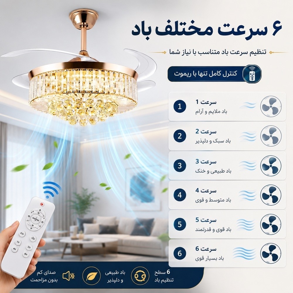 پنکه سقفی لوستردار تاشو مدل FSD9026 با پره های جمع شونده، نور SMD و ریموت کنترل