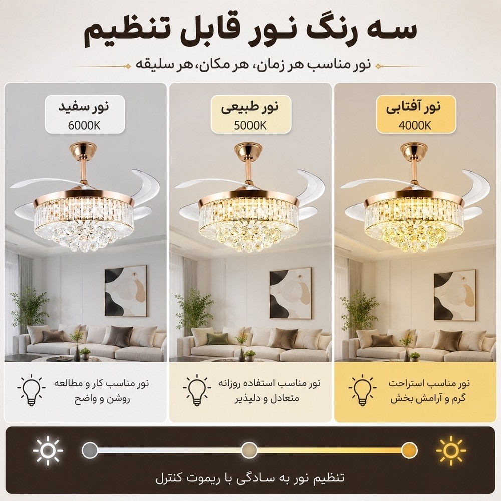 پنکه سقفی لوستردار تاشو مدل FSD9026 با پره های جمع شونده، نور SMD و ریموت کنترل