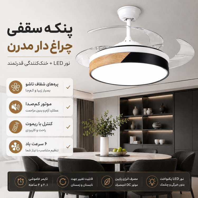 لوستر پنکه دار تاشو مدل FSD9015 با پره های شفاف جمع شونده، نور LED و ریموت کنترل