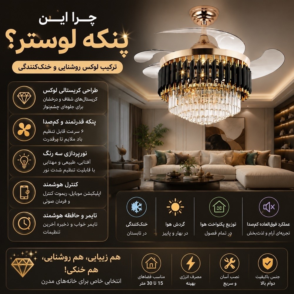پنکه سقفی لوستردار تاشو مدل FSD9028 با پرههای جمعشونده، نور SMD و ریموت کنترل