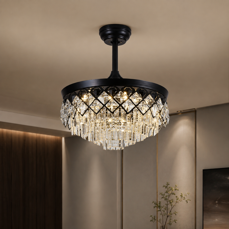 پنکه سقفی لوستردار تاشو مدل FSD9032 با پره های جمع شونده و چراغ LED