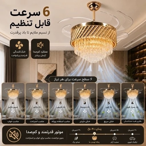 پنکه سقفی لوستردار تاشو مدل FSD9030 با پره های جمع شونده،3رنگ نور آفتابی، مهتابی و نچرال با ریموت کنترل