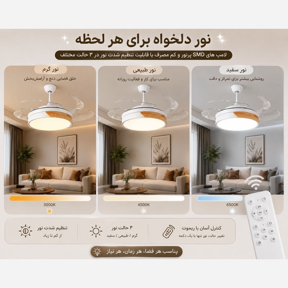 پنکه سقفی لوستر دار تاشو مدل FSD9014 با ریموت کنترل - پنکه سقفی مدرن LED دار مناسب اتاق خواب و پذیرایی