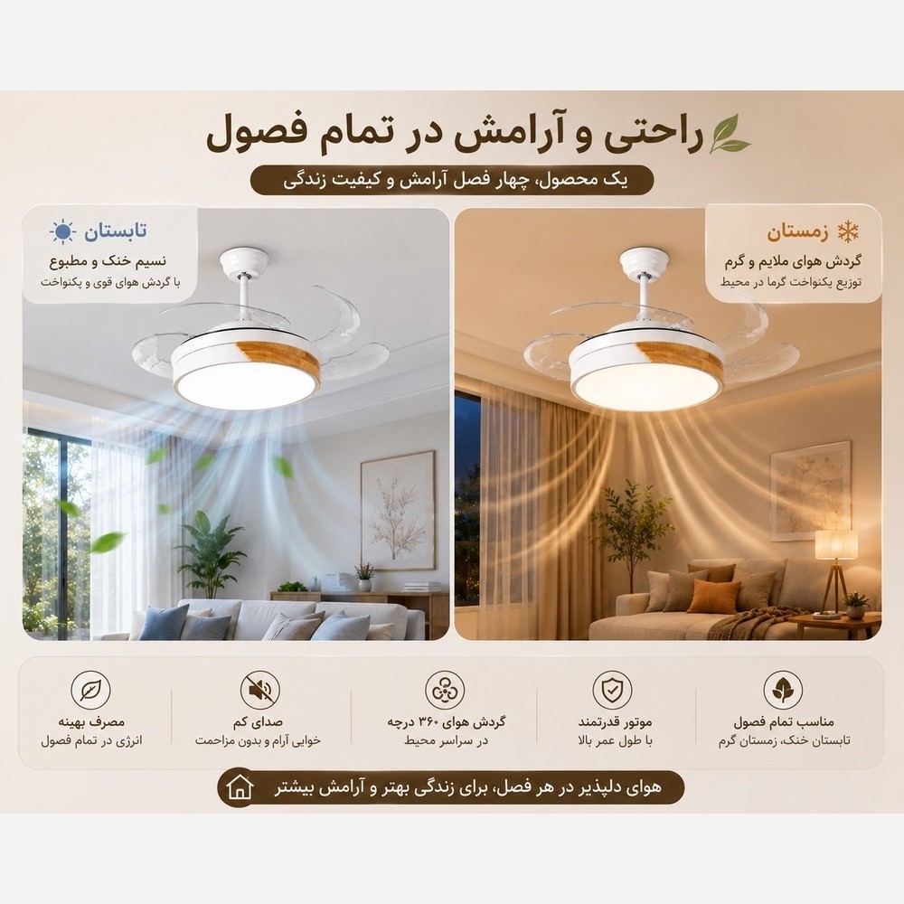 پنکه سقفی لوستر دار تاشو مدل FSD9014 با ریموت کنترل - پنکه سقفی مدرن LED دار مناسب اتاق خواب و پذیرایی