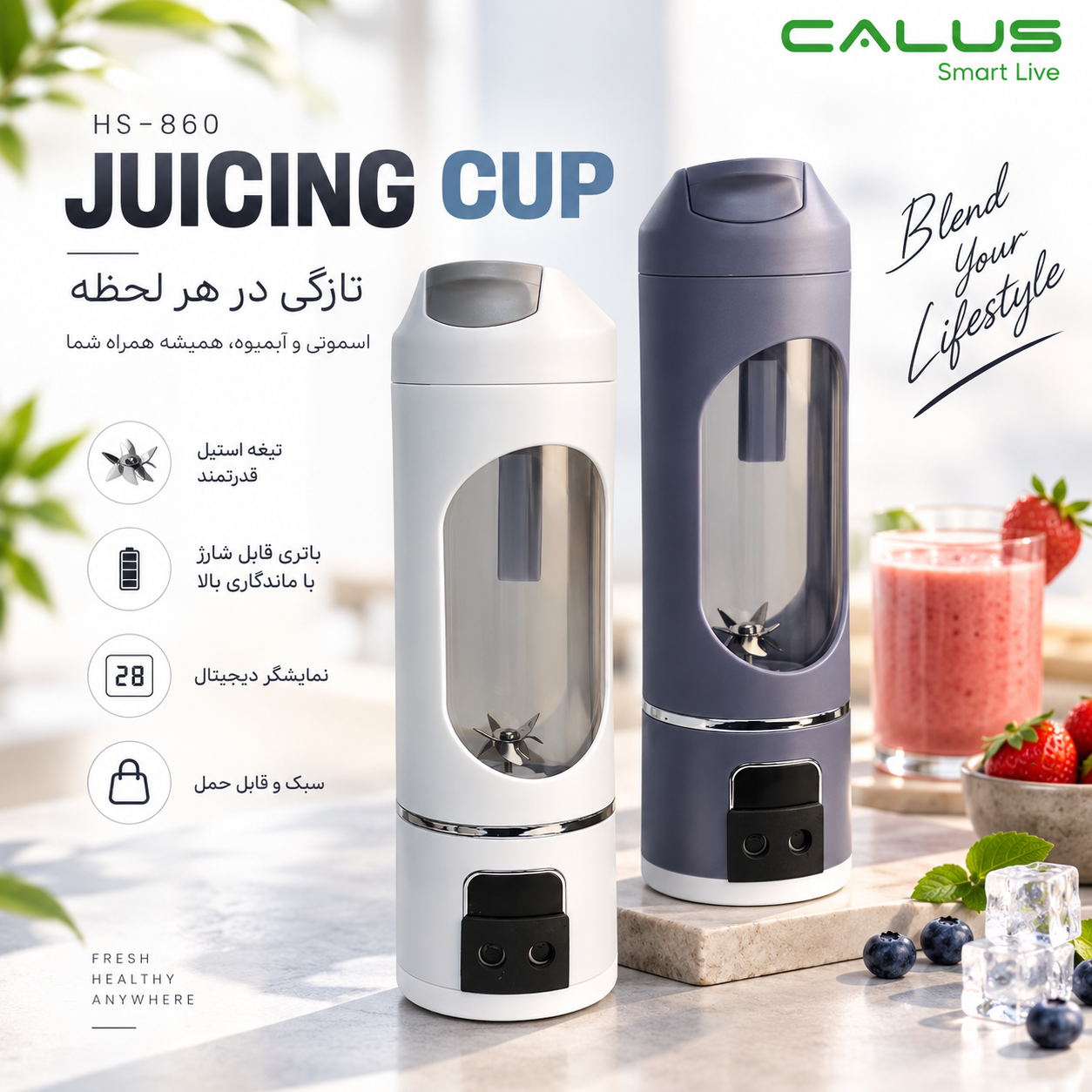 شیکر و اسموتی ساز شارژی HS-860 ظرفیت 450 میلیلیتر تیغه 12 پره