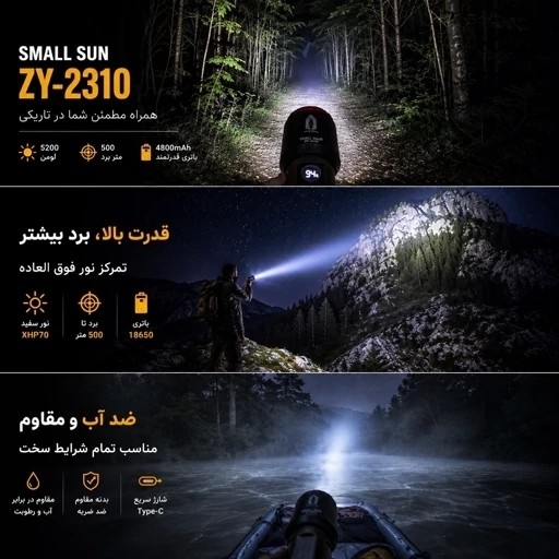 چراغ قوه اسمال سان مدل ZY-2310 نور متمرکز برد بالا با نمایشگر شارژ و پاوربانک
