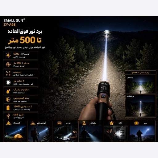 چراغ قوه زومدار اسمال سان A68 برد 500 متر 2 باتری 18650