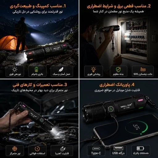 چراغ قوه حرفهای زومدار SMALL SUN ZY-T283 شارژی پاوربانک دار ضدآب