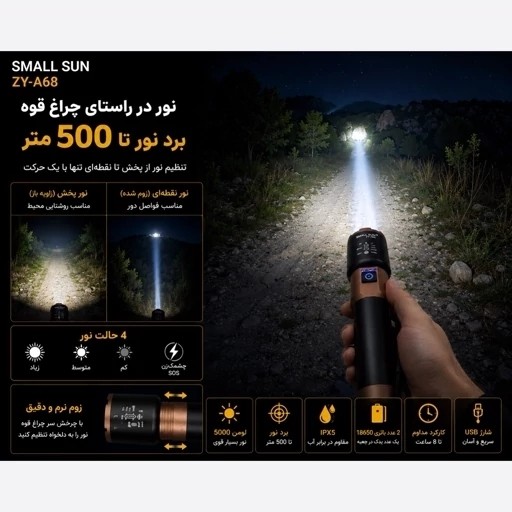 چراغ قوه زومدار اسمال سان A68 برد 500 متر 2 باتری 18650