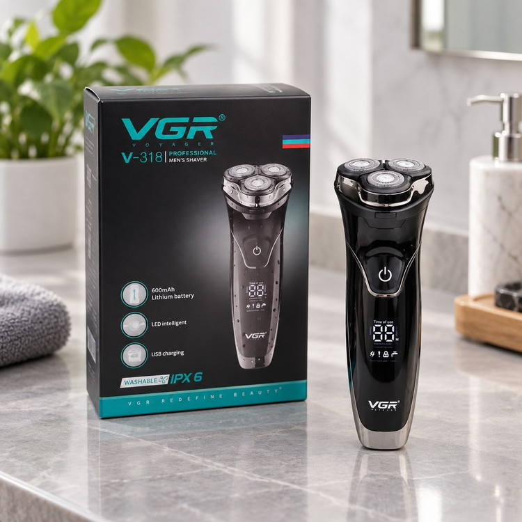 ماشین اصلاح صورت و ریش تراش وی جی آر مدل VGR V-318 سه تیغه چرخشی شارژی USB ضدآب IPX6 با نمایشگر LED و باتری 600 میلیآمپ