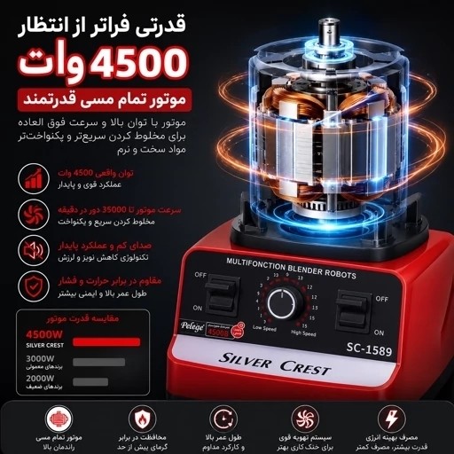 مخلوط کن و آسیاب سیلور کرست مدل SC-1589 دوکاره- خردکن، اسموتی ساز و آسیاب قدرتمند با توان بالا