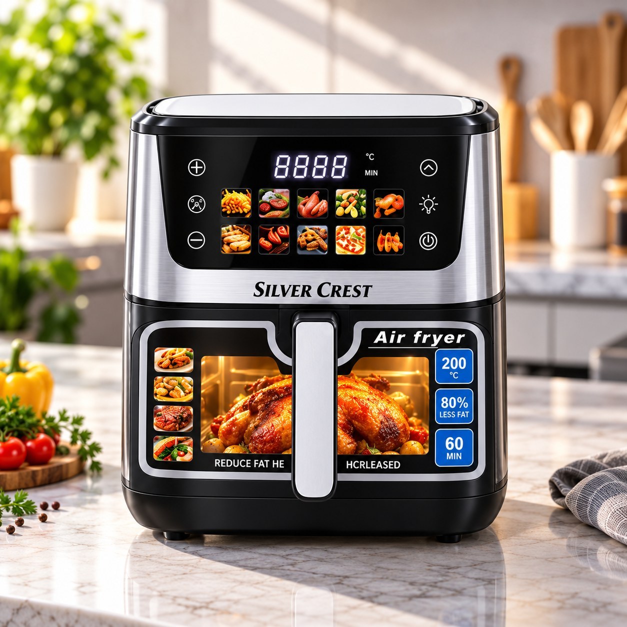 سرخکن بدون روغن سیلور کرست 16 لیتری دو المنت مدل SC-6090DG با پنجره شیشهای، منوی لمسی و توان 6500 وات