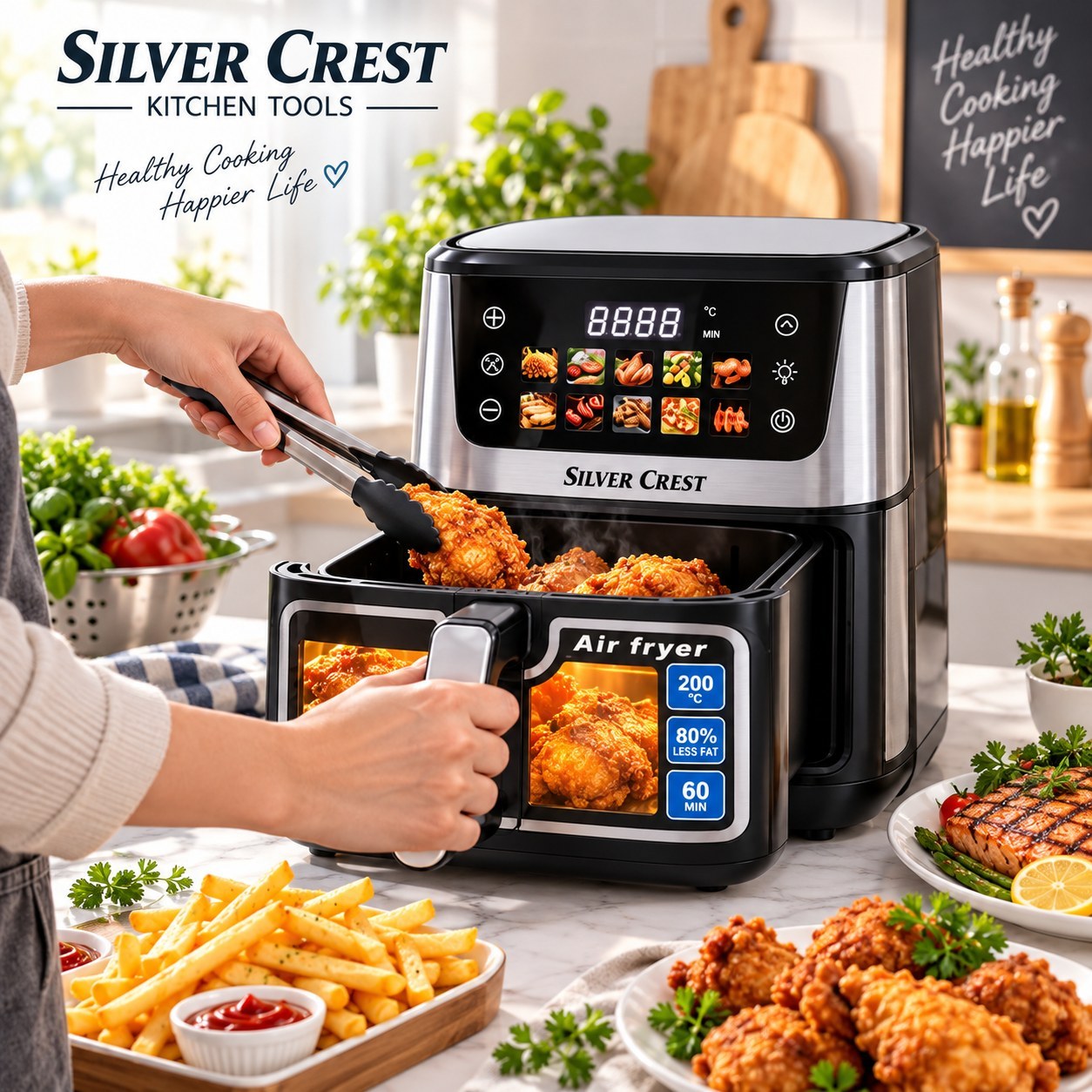 سرخکن بدون روغن سیلور کرست 16 لیتری دو المنت مدل SC-6090DG با پنجره شیشهای، منوی لمسی و توان 6500 وات