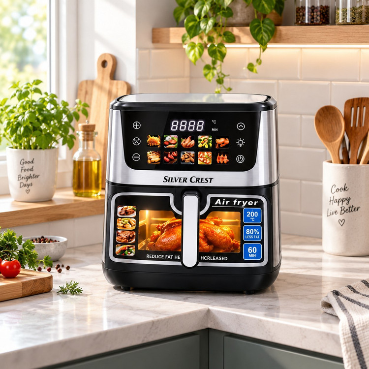 سرخکن بدون روغن سیلور کرست 16 لیتری دو المنت مدل SC-6090DG با پنجره شیشهای، منوی لمسی و توان 6500 وات
