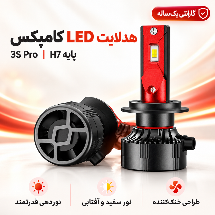 هدلایت خودرو کانپکس CONPEX مدل 3S PRO پایه H7 با چیپ CSP نسل سوم نور سفید و آفتابی فن خنککننده و گارانتی یکساله