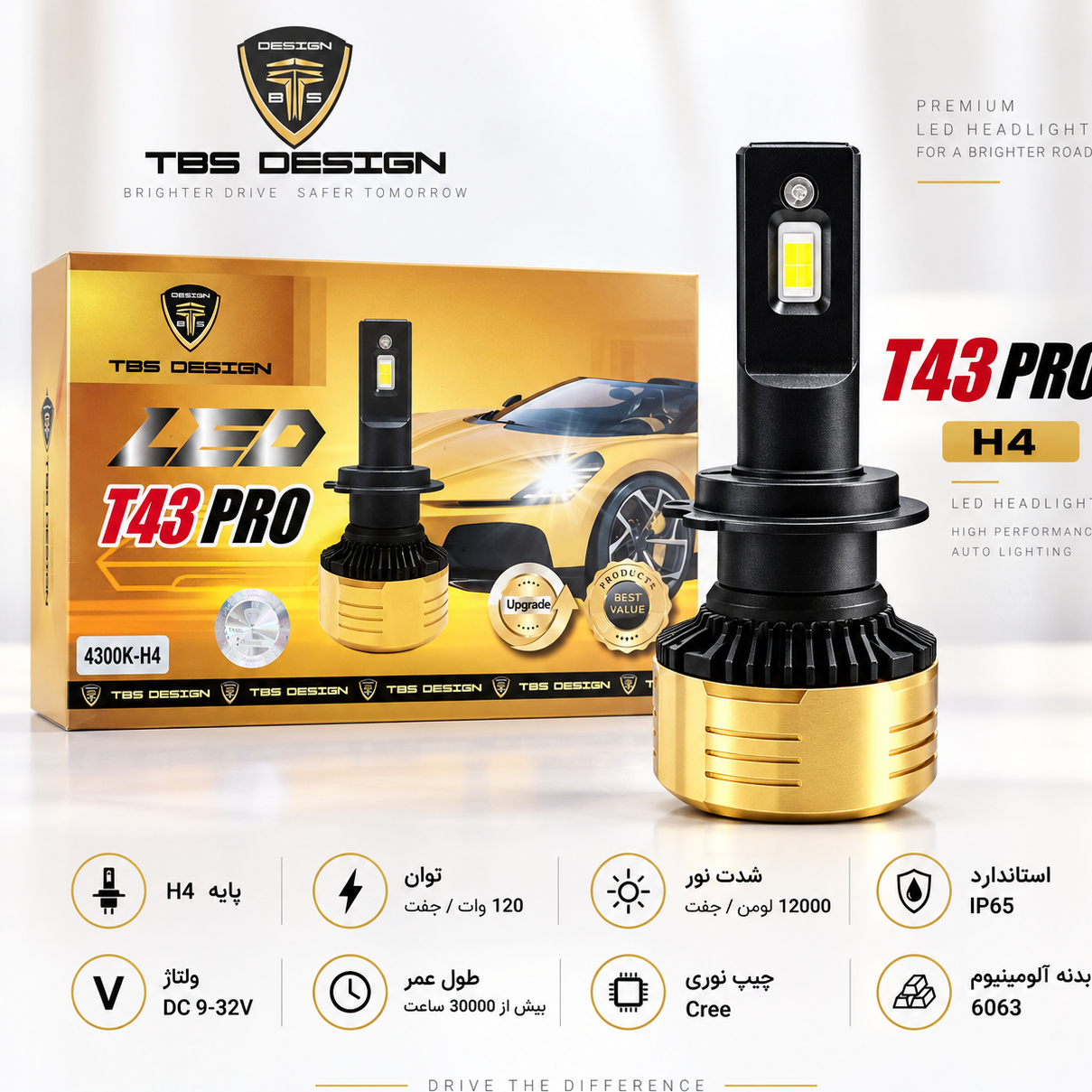 هدلایت توبیز 120وات دورنگT43 PRO پایه H4 نورپایین زرد نچرال 3800کلوین، نور بالا سفید 6000 کلوین