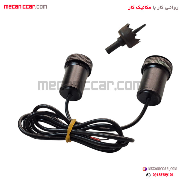 لوگو زیر درب (چراغ ولکام لایت) با مته گرد بر پراید (کیا قرمز)