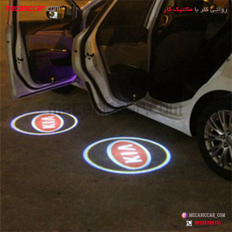 لوگو زیر درب (چراغ ولکام لایت) با مته گرد بر پراید (کیا قرمز)